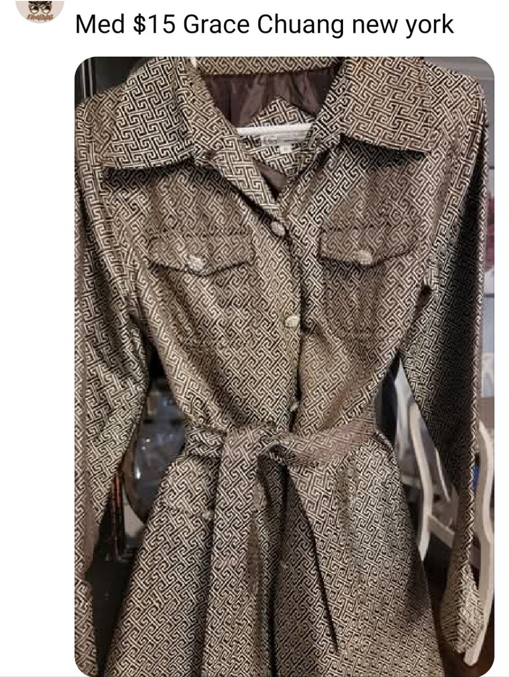 Geometric Print Belted Shirt Dress - Brown